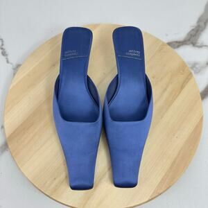 JEFFREY CAMPBELL Esmerelda Square Toe Mule In Blue Silk Size 9 Kitten Heel Y2K
